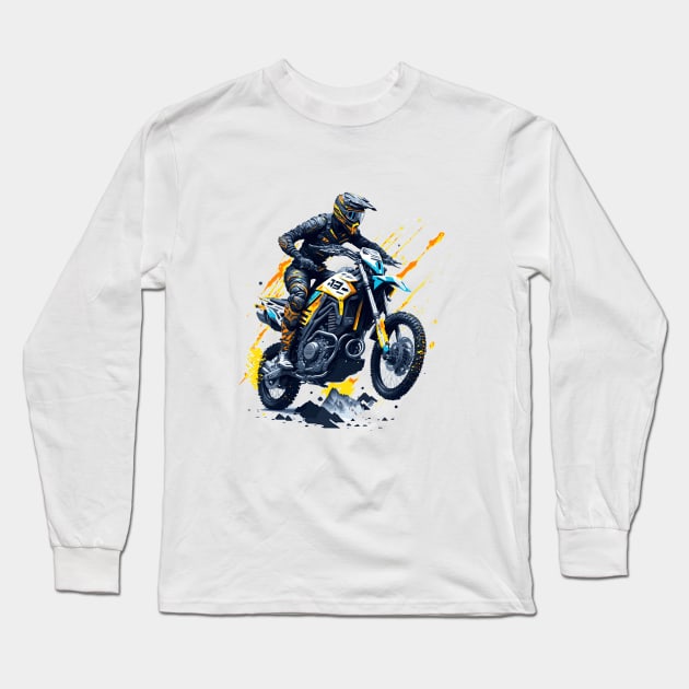 Enduro and motocross motorbike illustration. Adventure on paint splashes. Competition on mountain roads. Offroad Long Sleeve T-Shirt by jjmpubli